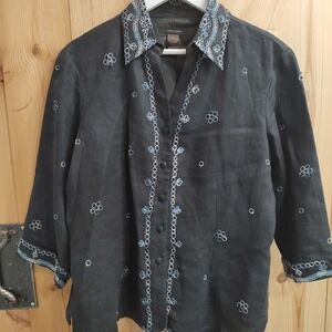 Anne Carson‎ Ladies' Vintage Button Front White Blouse  Embroidered Bodice